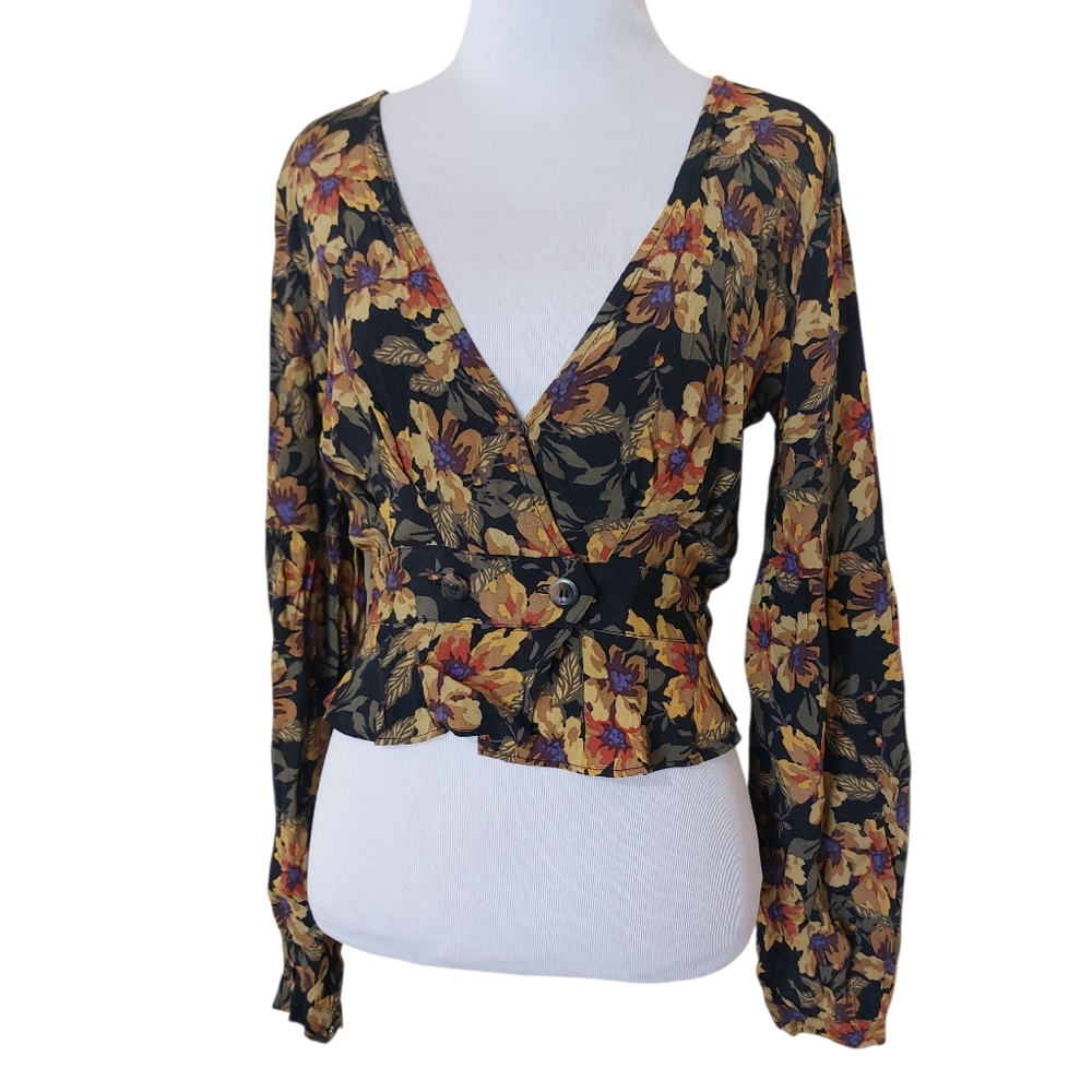 Free People Love Letter Floral V-Neck Women's Button Boho Blouse Size 4